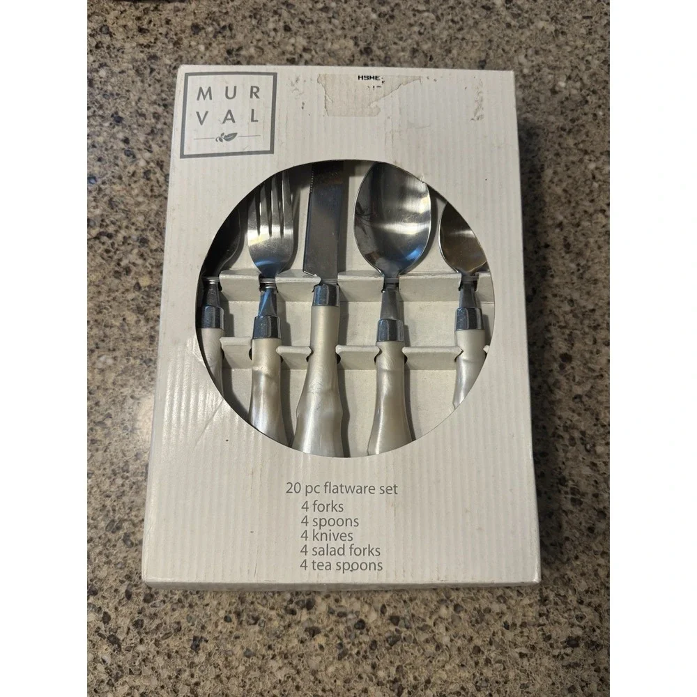 Murval 20 Pc Flatware Set Pearlescent Handle Stainless Modern Silverware NEW
